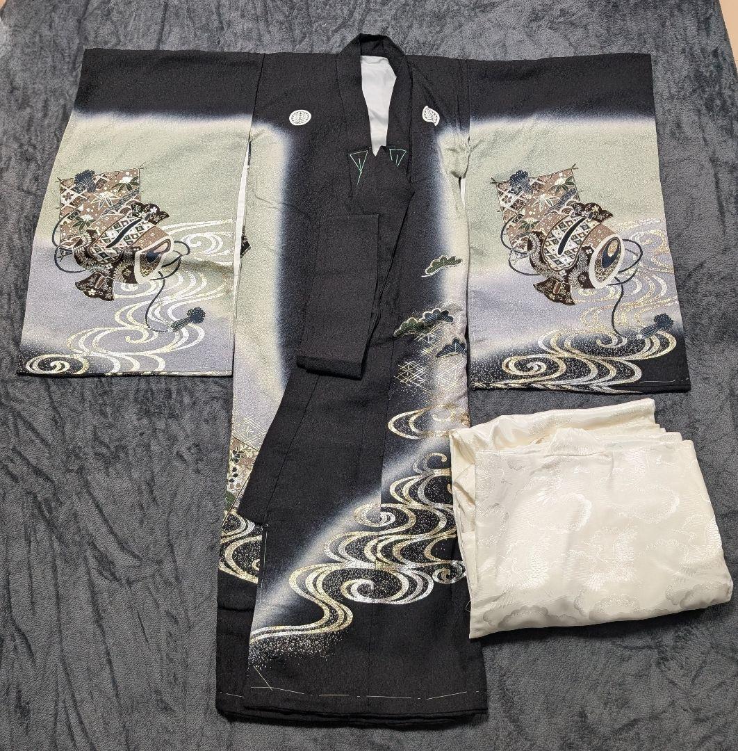 正絹 金彩 銀彩 産着 初着 男の子 男 家紋入り 紋 波 新品未使用 襦袢付き