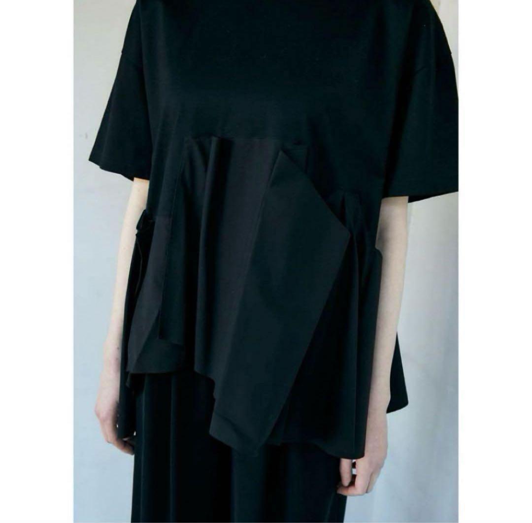 美品今季 ENFOLD エンフォルド シルケット天竺 コンビフレア Tシャツ 黒