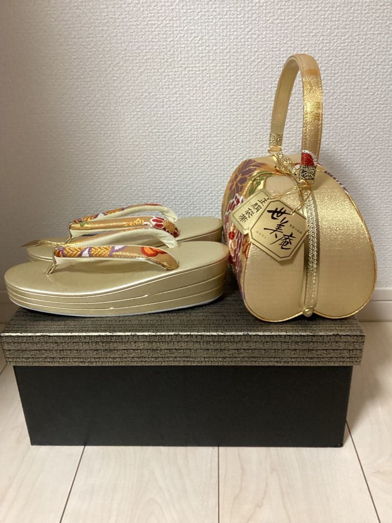 新品 ❁⃘*.世美庵 Ｌサイズ 正絹帯地 高級草履バッグセット 日本製 三枚芯