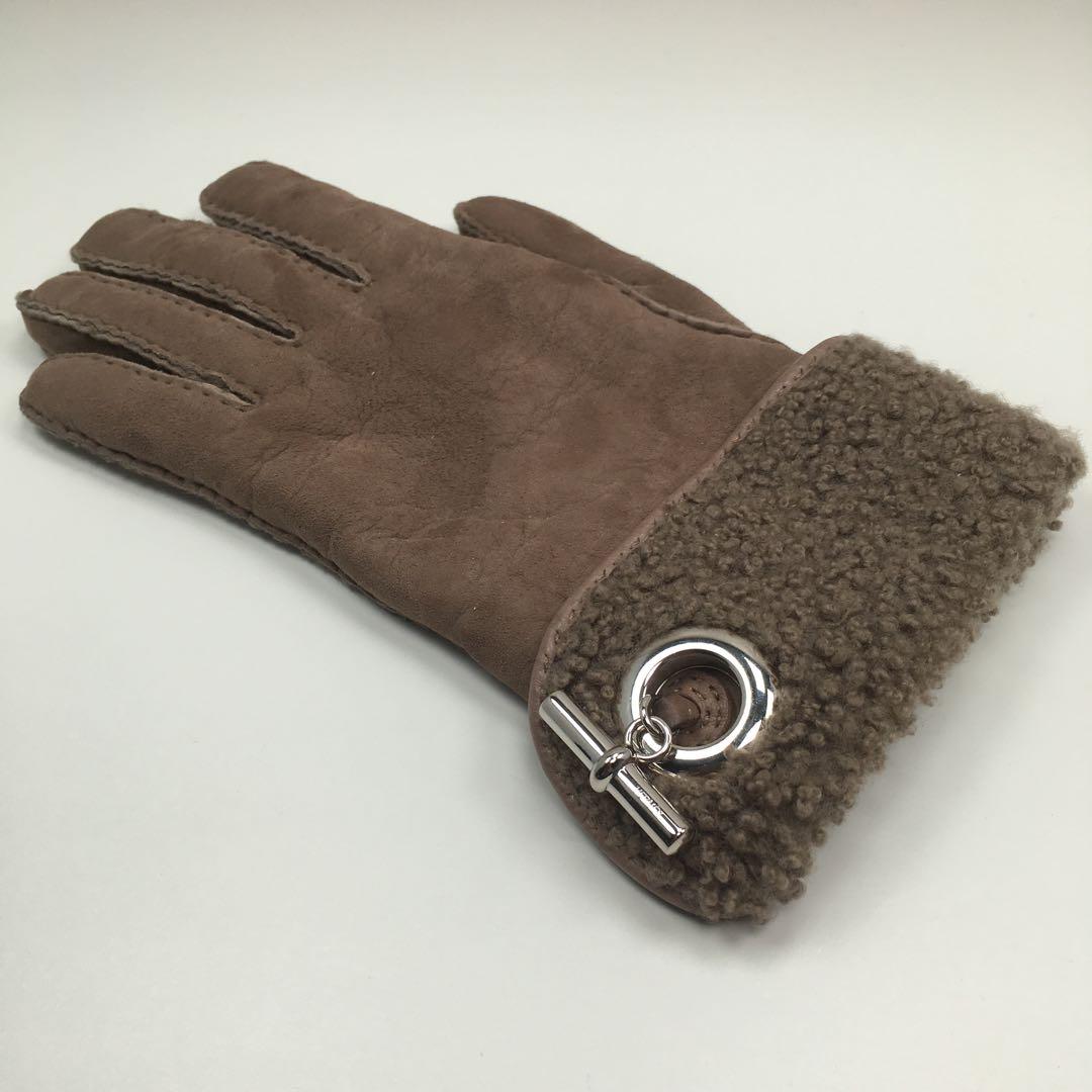 美品 エルメス ヴェスパ グレージュ ムートン ブラウン シルバー金具 手袋