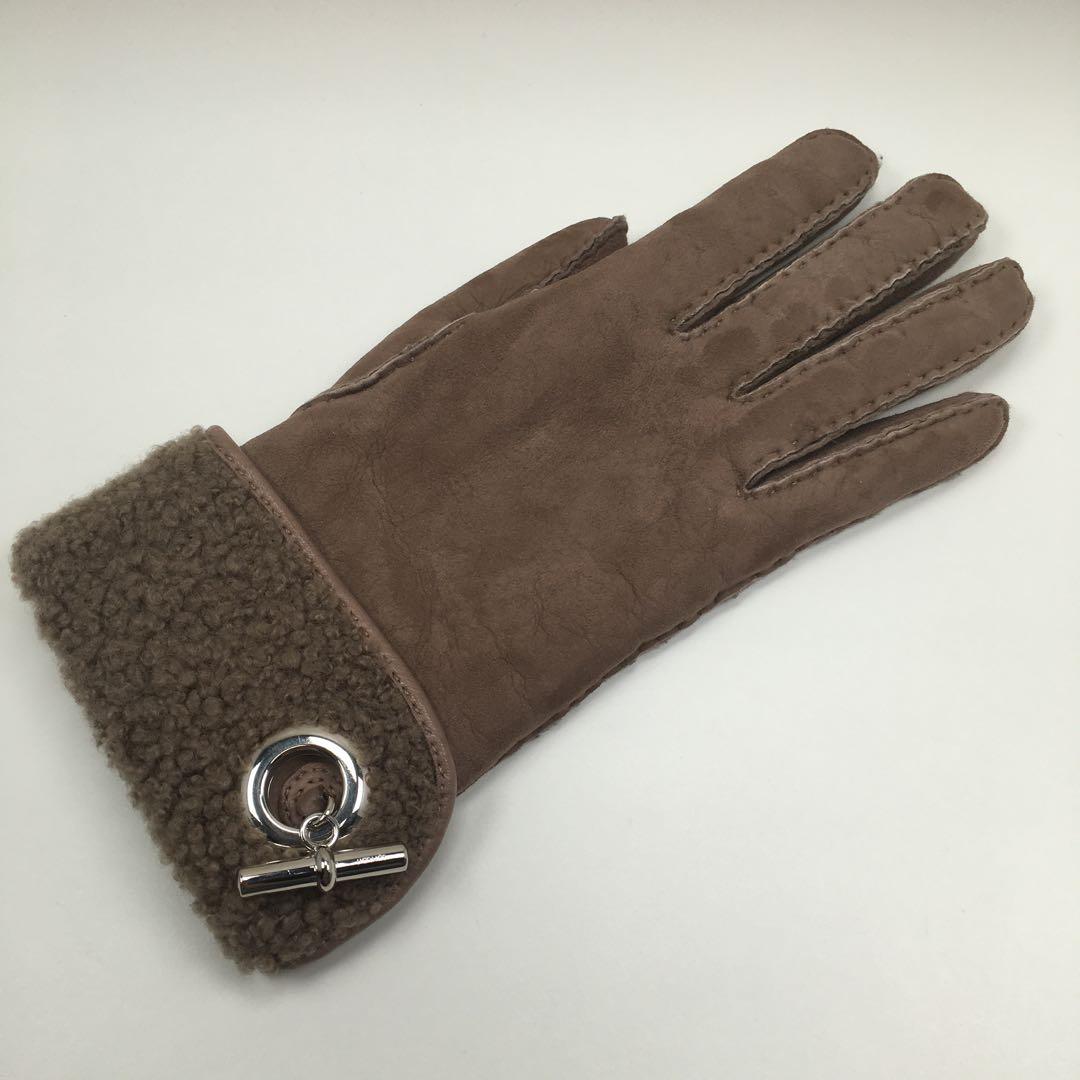 美品 エルメス ヴェスパ グレージュ ムートン ブラウン シルバー金具 手袋
