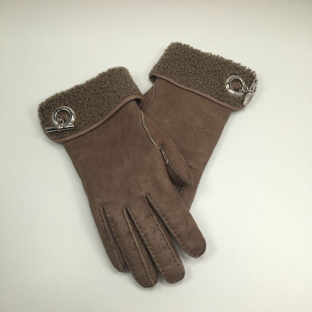 美品 エルメス ヴェスパ グレージュ ムートン ブラウン シルバー金具 手袋