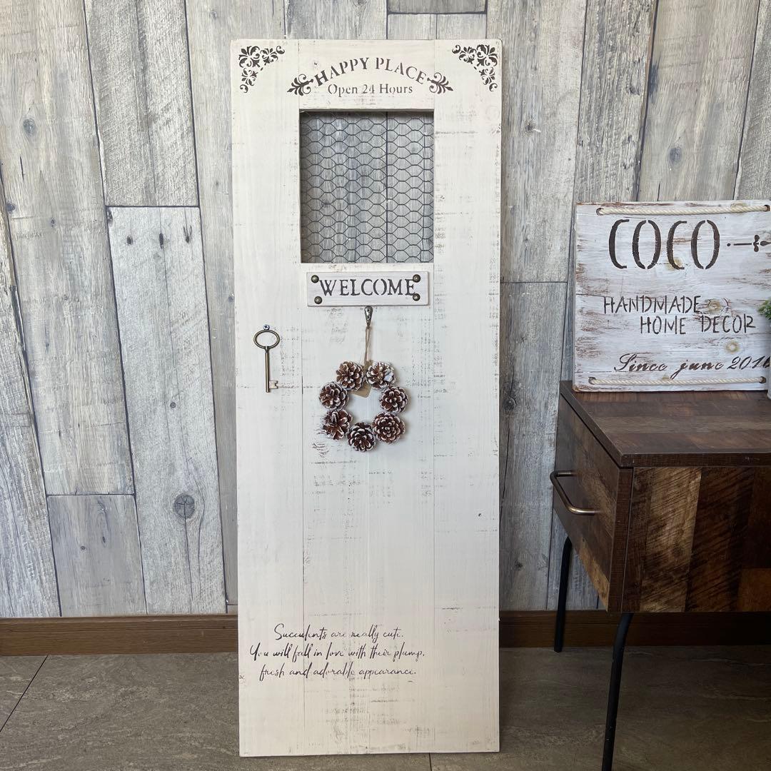ホワイト　リース付き　扉風　オブジェ　木製　ウェルカムボード　ハンドメイド
