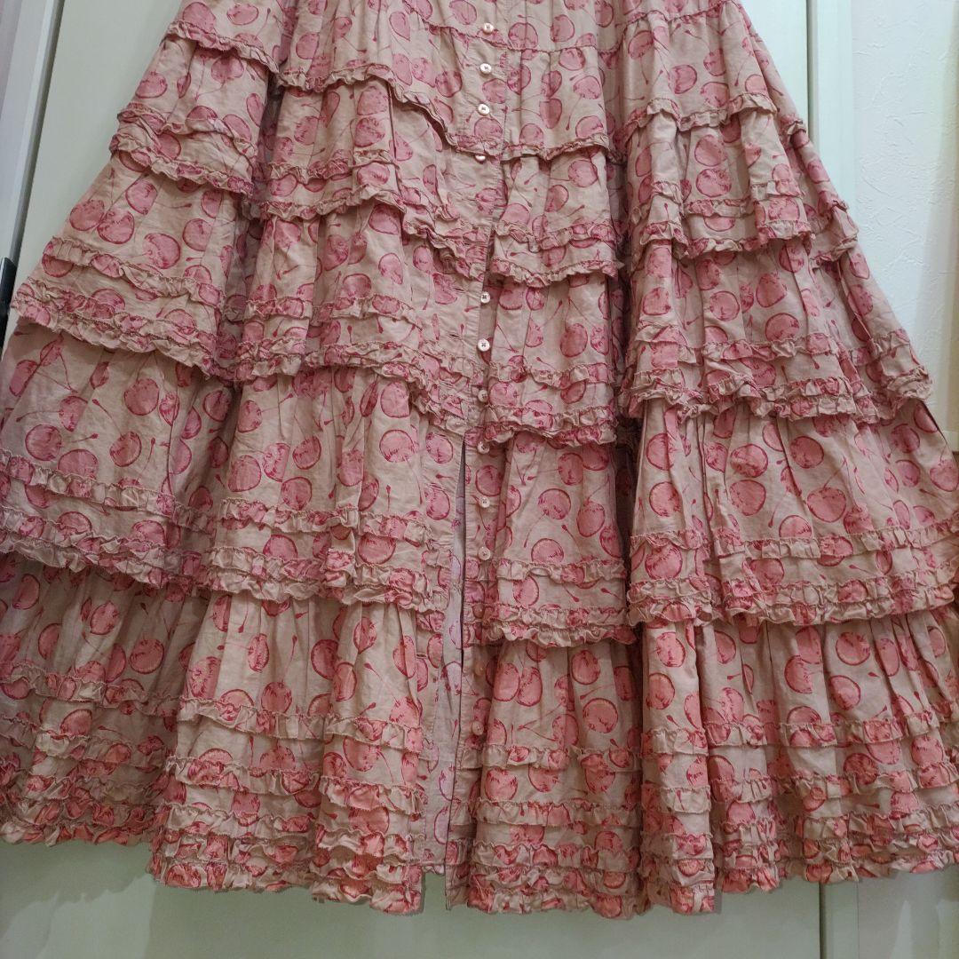 ピンクハウス　チェリー柄　ピコフリル　段々ワンピース　クスミピンク系