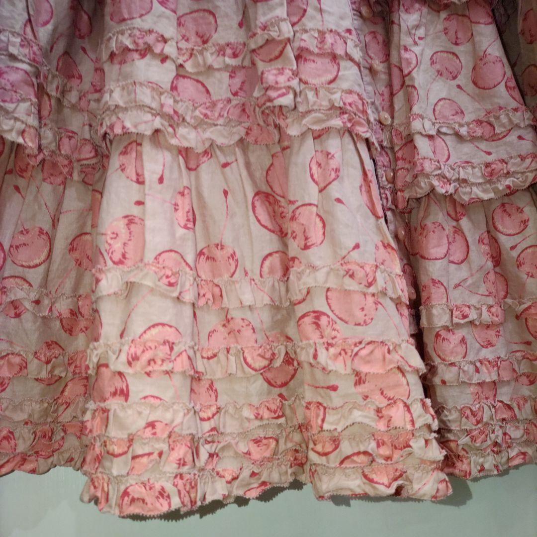 ピンクハウス　チェリー柄　ピコフリル　段々ワンピース　クスミピンク系