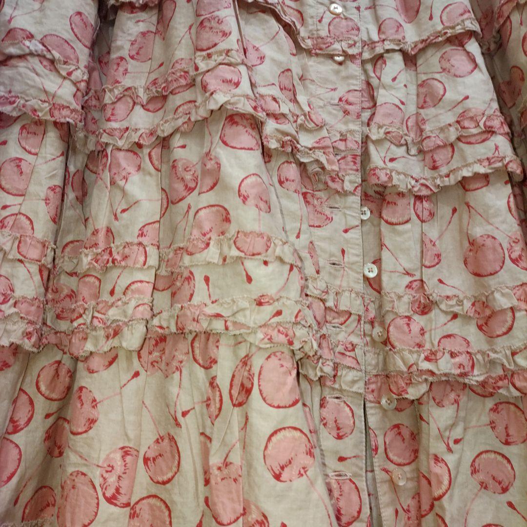 ピンクハウス　チェリー柄　ピコフリル　段々ワンピース　クスミピンク系