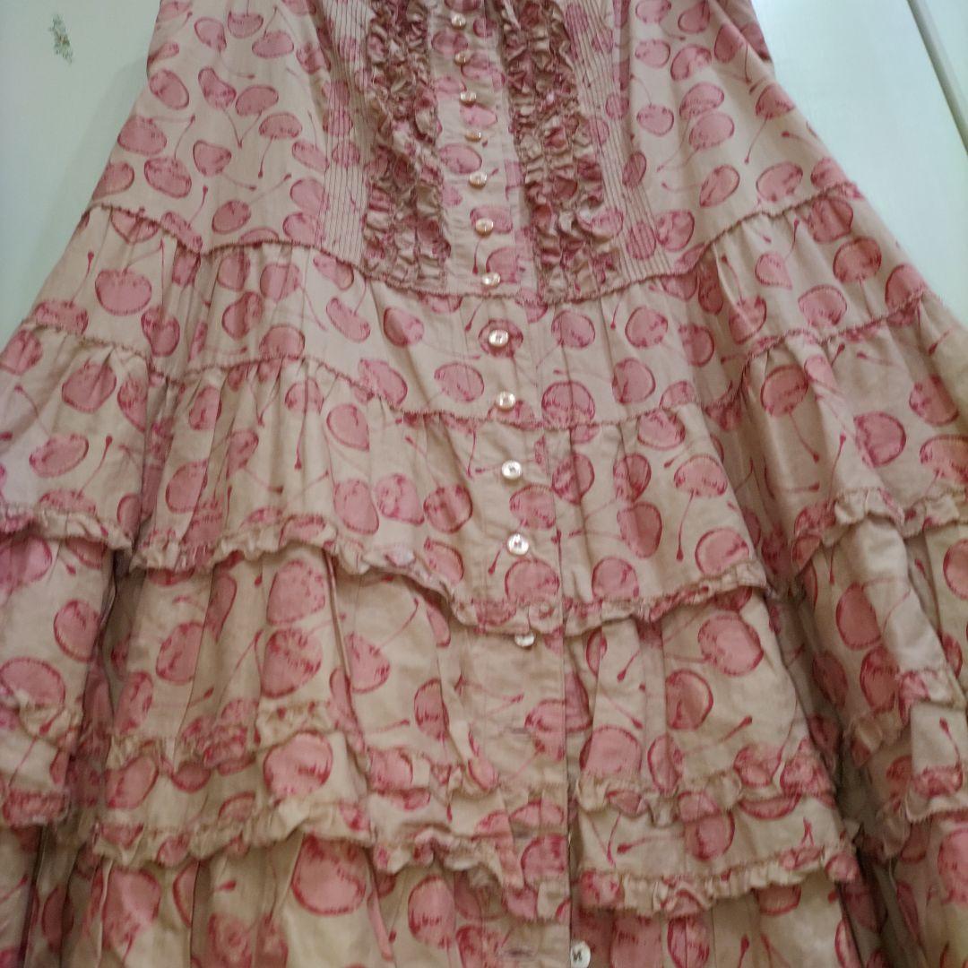 ピンクハウス　チェリー柄　ピコフリル　段々ワンピース　クスミピンク系