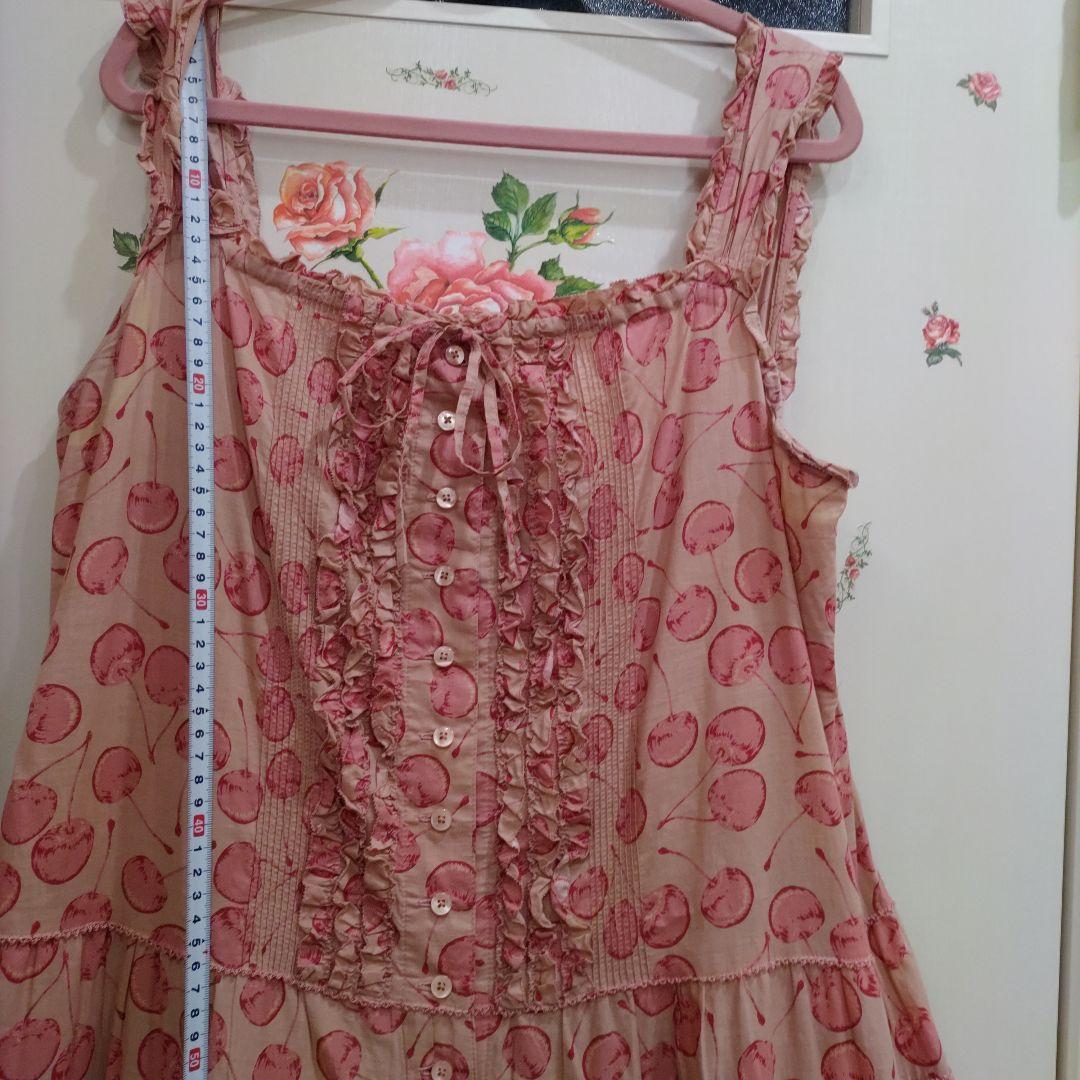 ピンクハウス　チェリー柄　ピコフリル　段々ワンピース　クスミピンク系