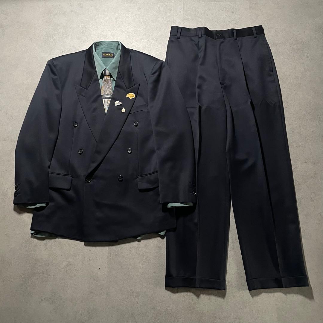 特注【vintage】セットアップ ダブルスーツ カジュアル　光沢　ネイビー