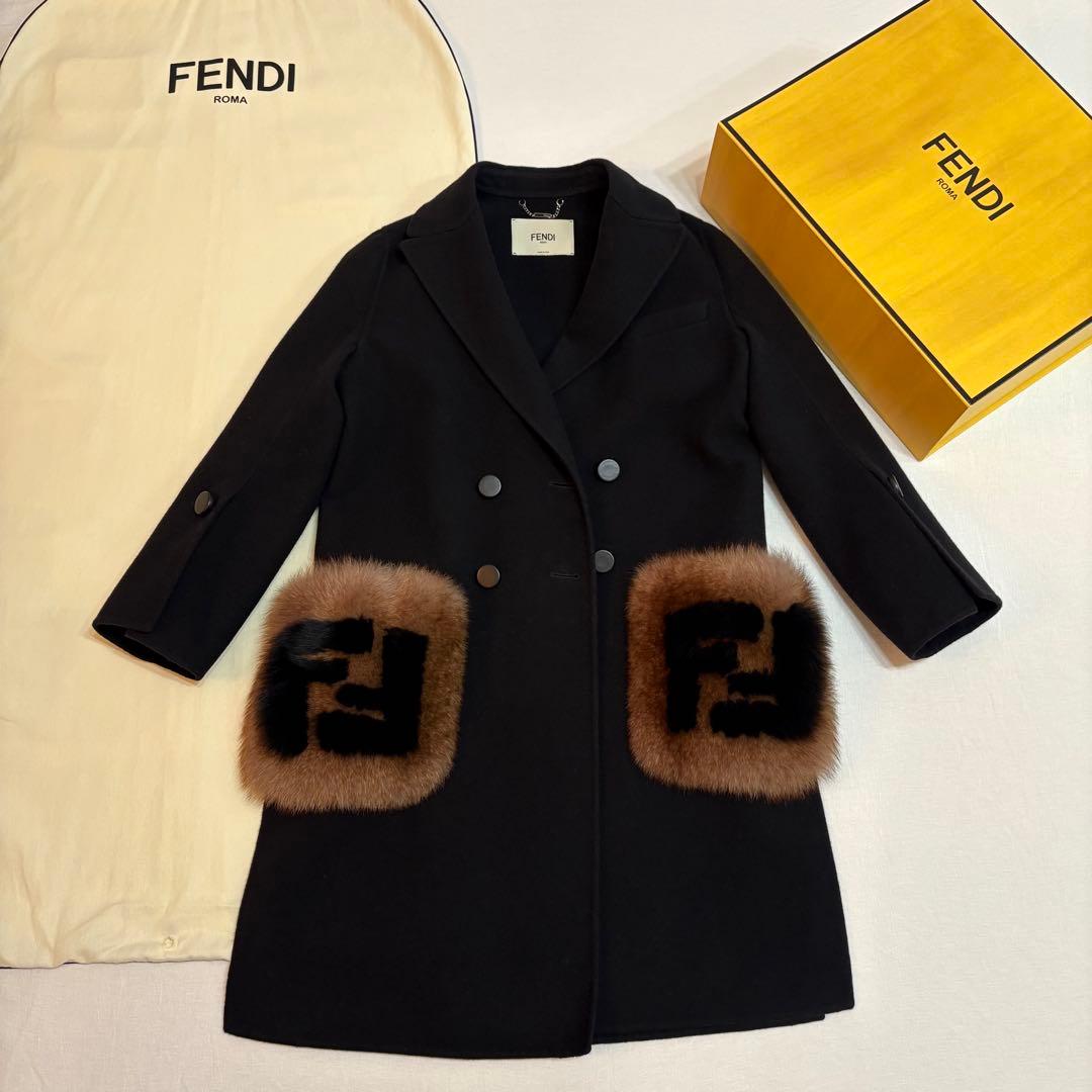 FENDI フォックスファー付 ウールコート FFロゴポケット 正規品
