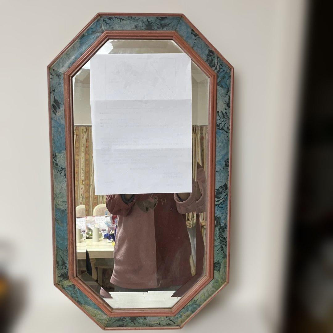 八角形 壁掛け鏡 装飾的青色フレーム