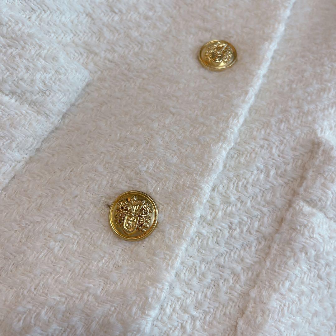 極美品 ラウンジドレス ツイードジャケット ノーカラー フリンジ 金ボタン 白