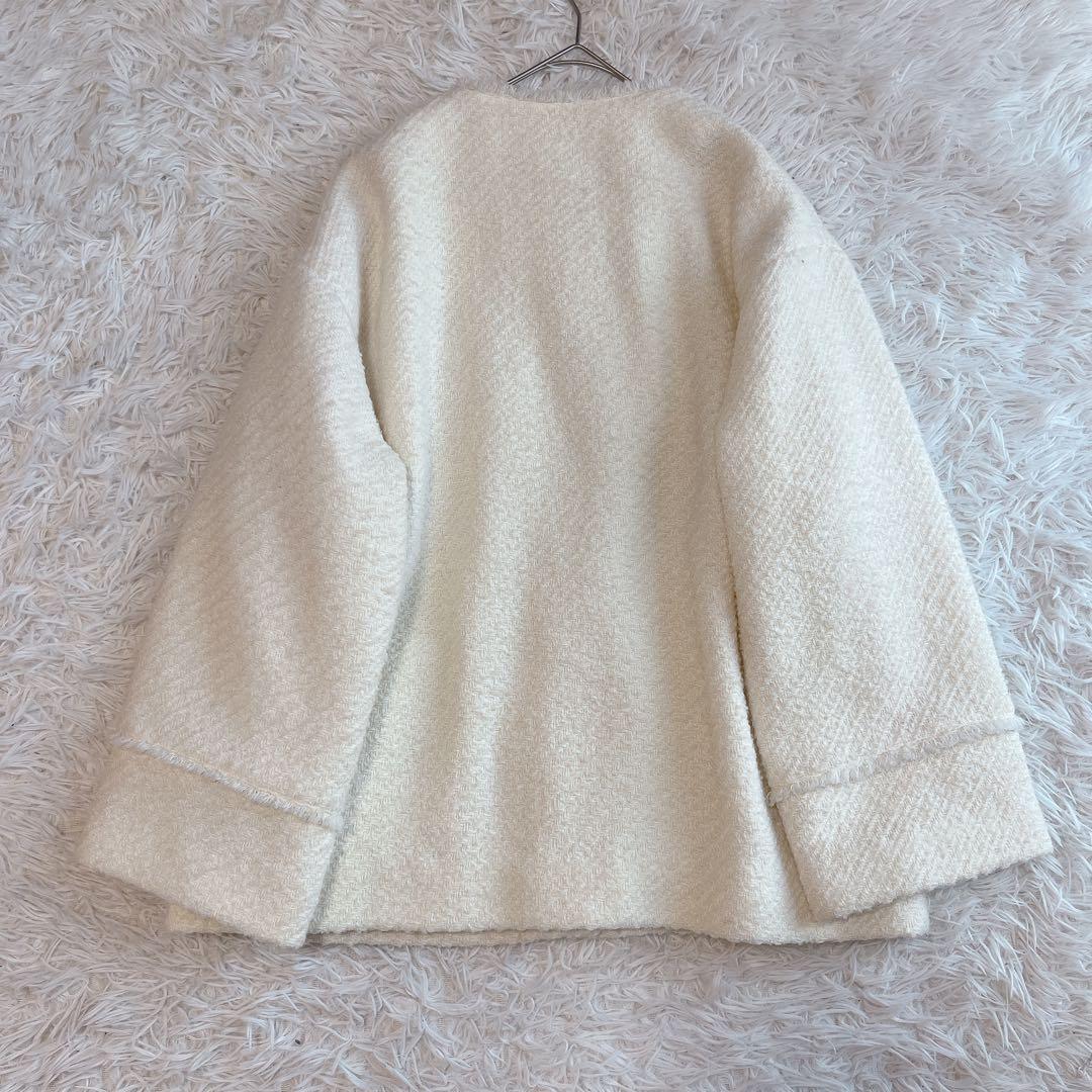 極美品 ラウンジドレス ツイードジャケット ノーカラー フリンジ 金ボタン 白