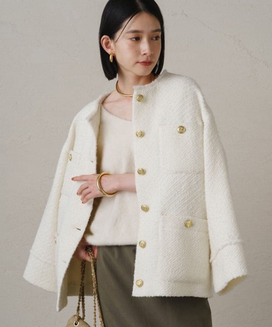 極美品 ラウンジドレス ツイードジャケット ノーカラー フリンジ 金ボタン 白