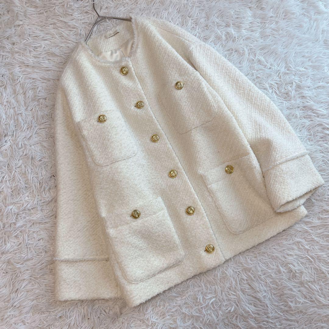 極美品 ラウンジドレス ツイードジャケット ノーカラー フリンジ 金ボタン 白