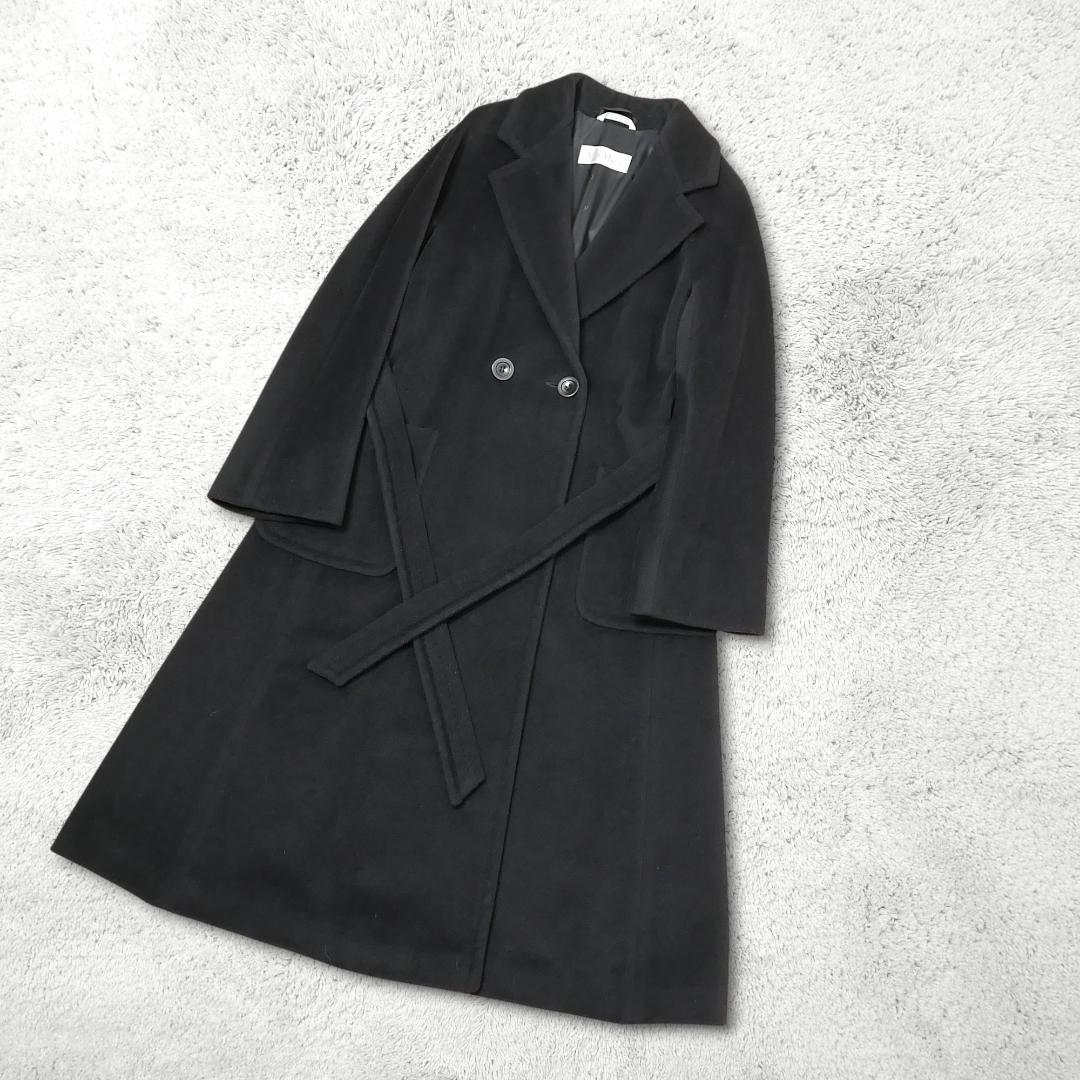 美品【マックスマーラ】カシミヤ混 ベルテッドコート ダブル 36 黒 ロング丈
