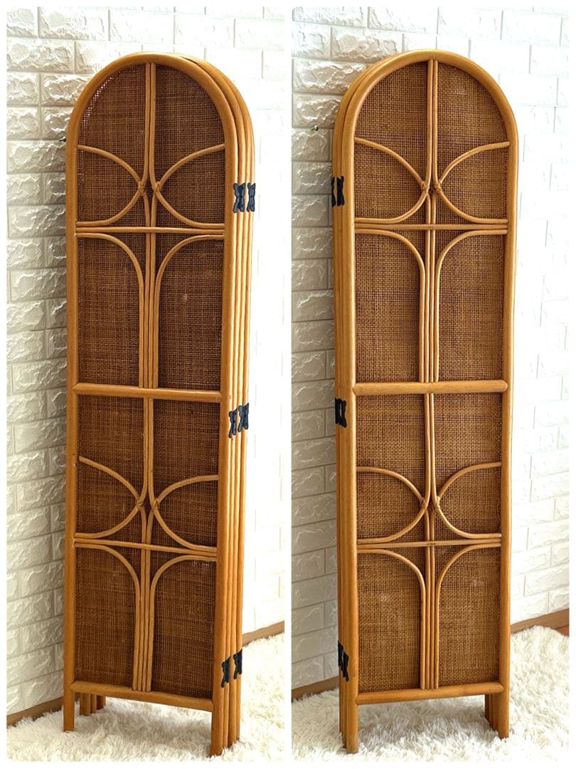【 美品】籐家具　衝立　レトロ　パーテーション　ラタンスクリーン 4連 H160