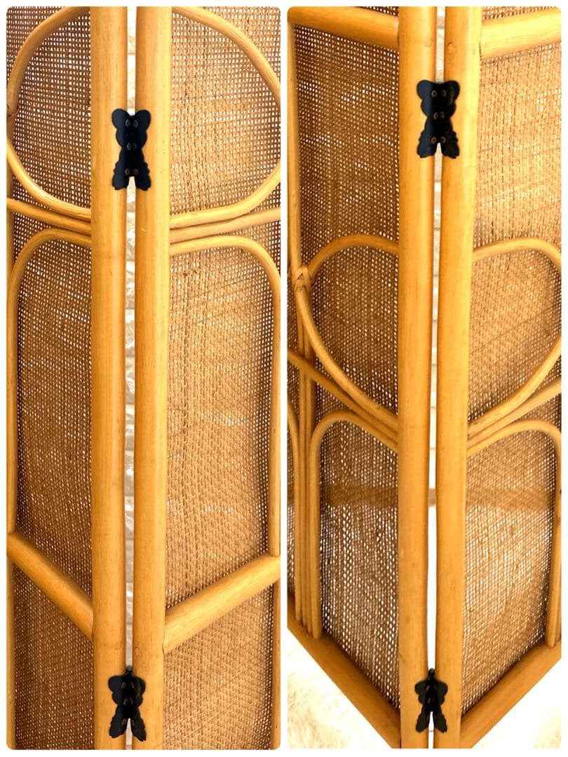 【 美品】籐家具　衝立　レトロ　パーテーション　ラタンスクリーン 4連 H160