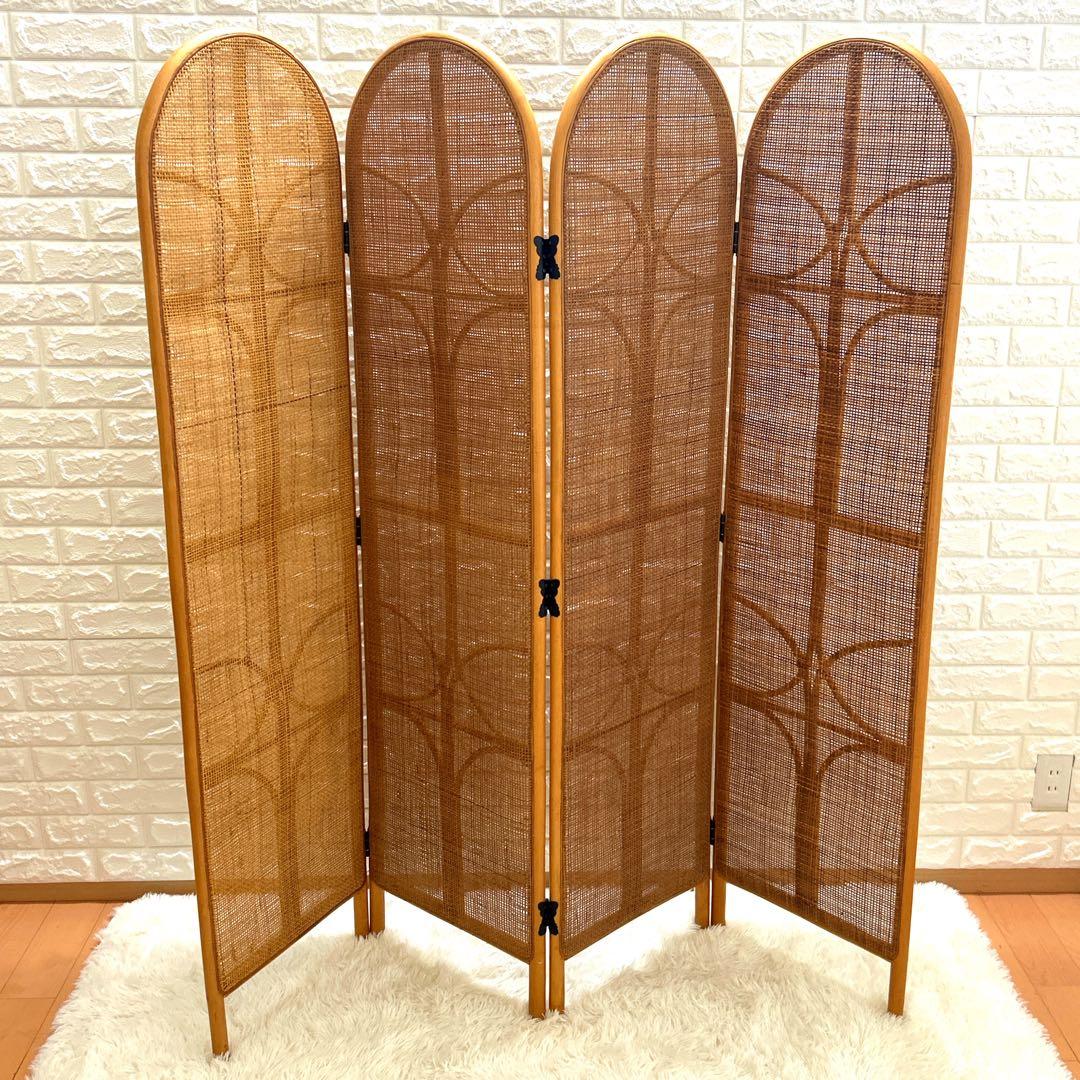 【 美品】籐家具　衝立　レトロ　パーテーション　ラタンスクリーン 4連 H160