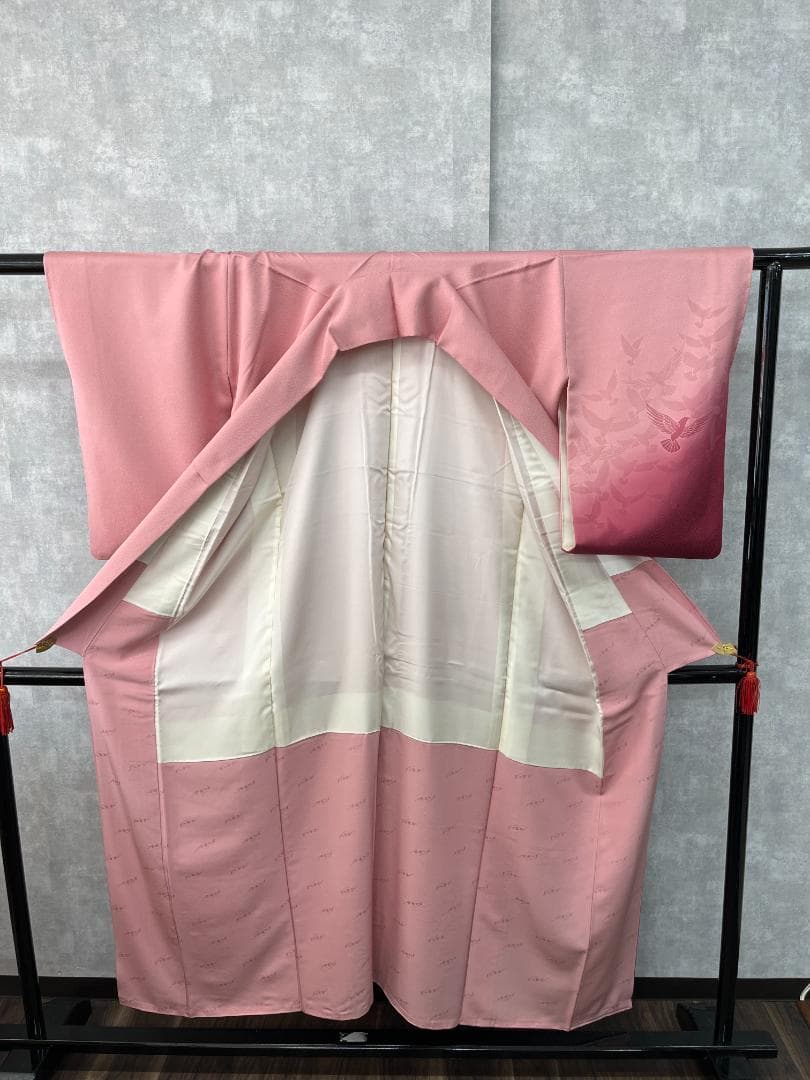 T005 訪問着 斉藤三才 ピンク 鶴 着丈152cm 和装 着物