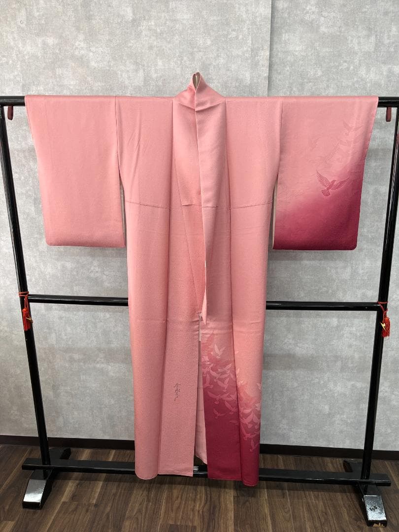T005 訪問着 斉藤三才 ピンク 鶴 着丈152cm 和装 着物