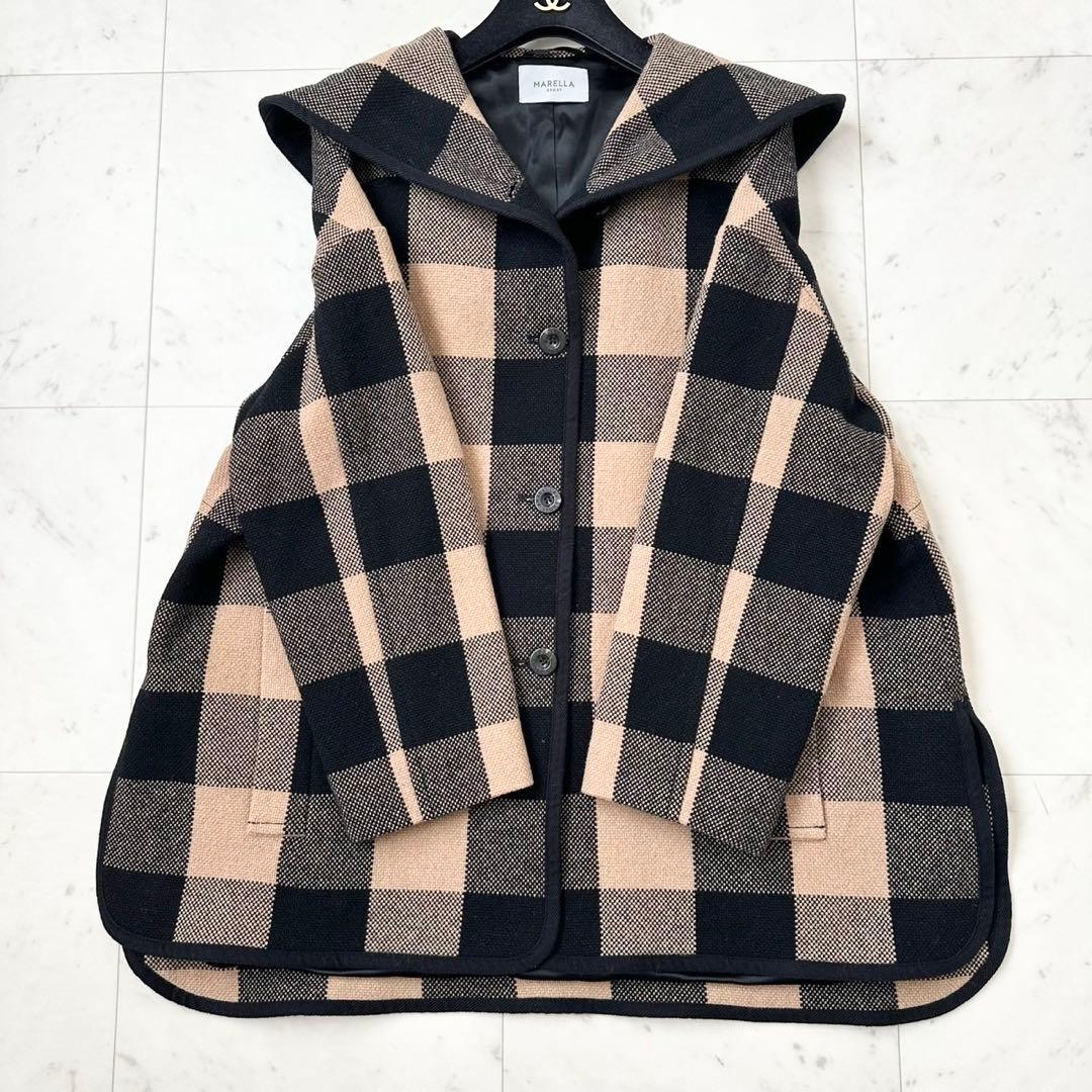 大きいサイズ❤️XL MaxMara マレーラ　フーデットコート　チェック　黒