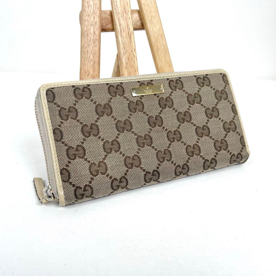 グッチ　極美品　総柄　ラウンドファスナー　キャンバス　GGロゴ　プレート　長財布