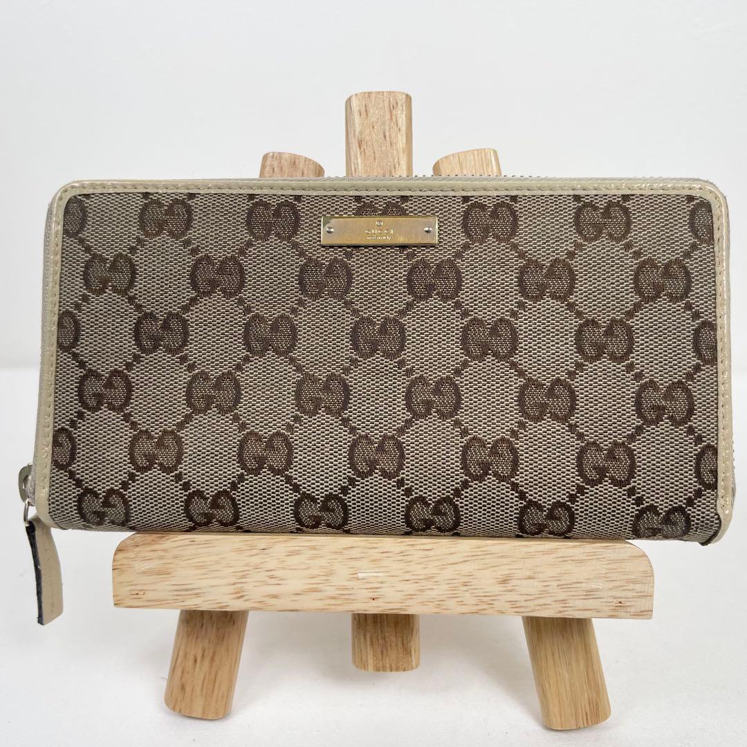 グッチ　極美品　総柄　ラウンドファスナー　キャンバス　GGロゴ　プレート　長財布