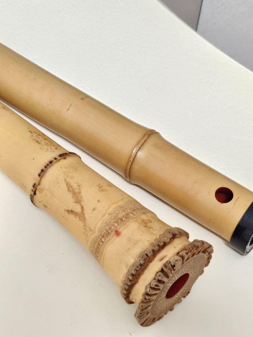 琴古流 尺八 二つ折り 分割式 根付き 地無し 朱塗り歌口 焼印あり