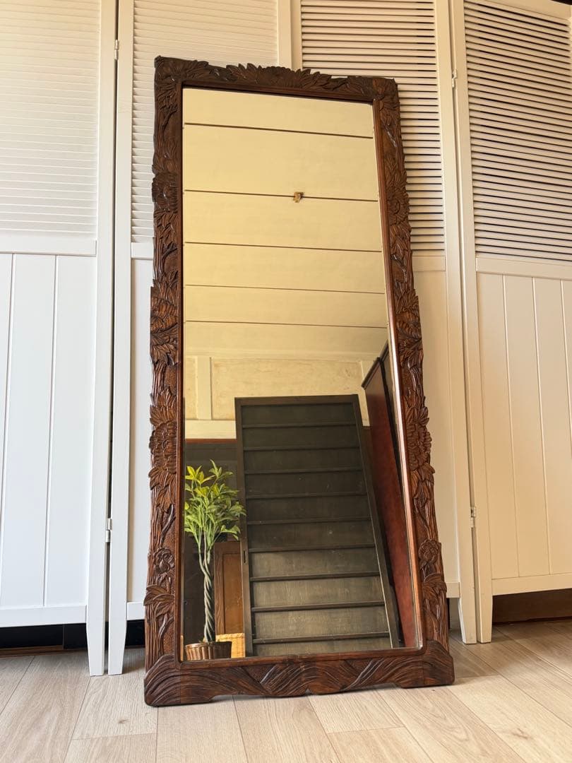 美品 軽井沢彫 軽井沢彫 鏡 姿見 スタンドミラー