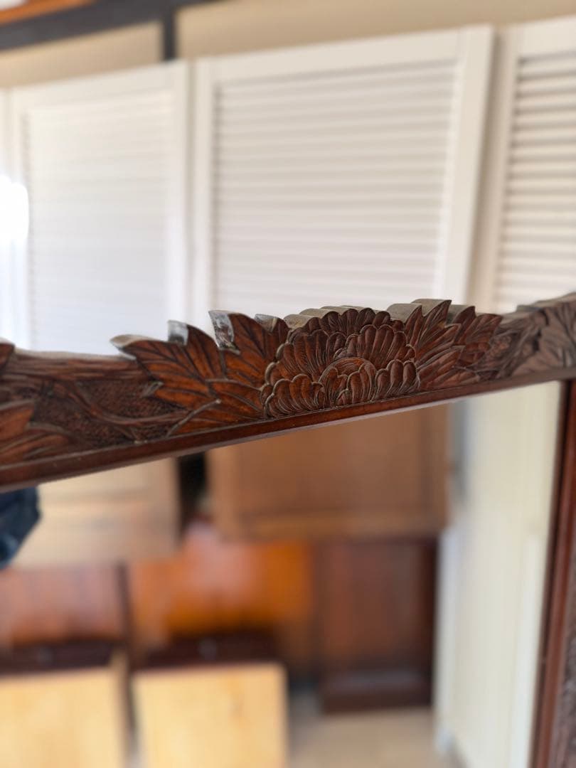 美品 軽井沢彫 軽井沢彫 鏡 姿見 スタンドミラー