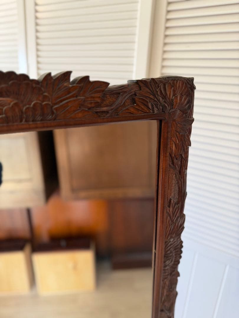 美品 軽井沢彫 軽井沢彫 鏡 姿見 スタンドミラー