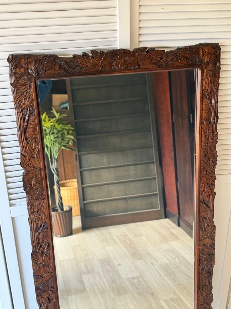 美品 軽井沢彫 軽井沢彫 鏡 姿見 スタンドミラー