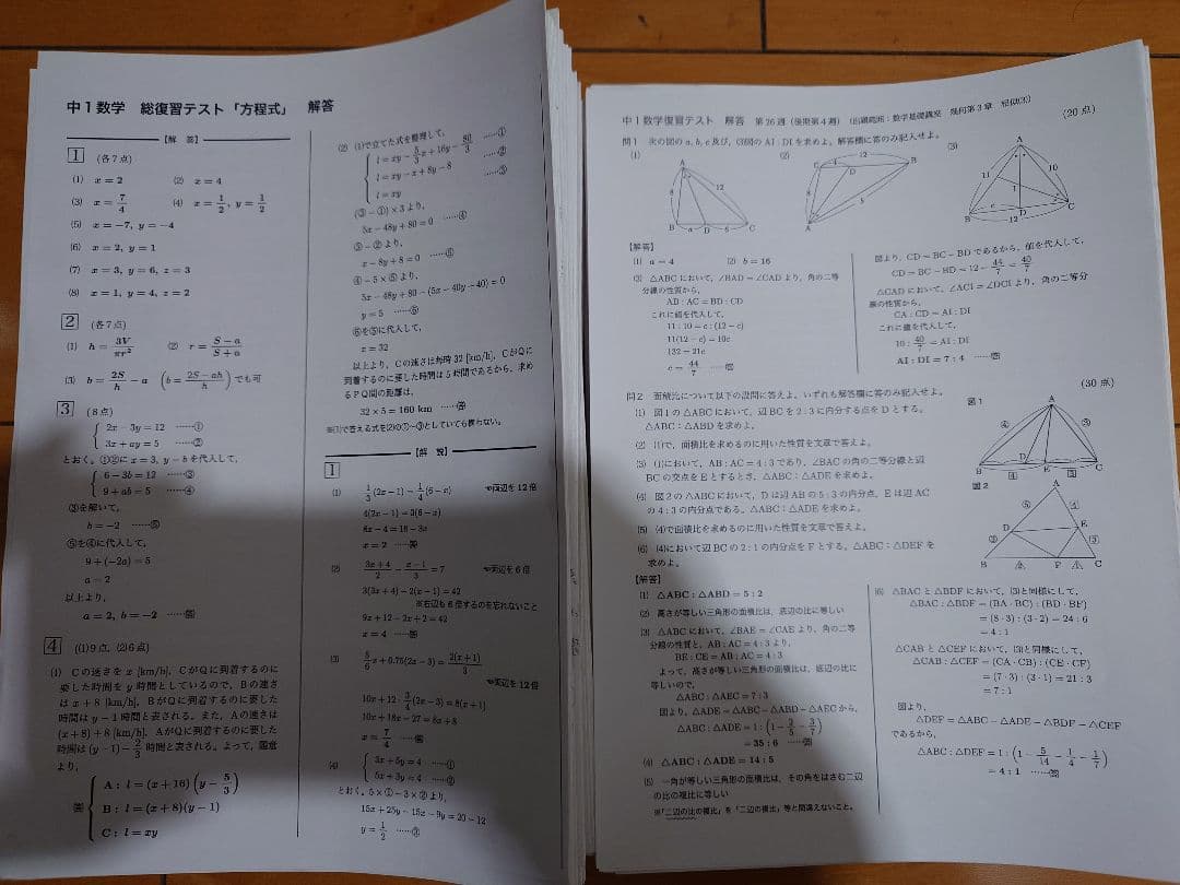 2022年度　鉄緑会中1数学テキスト、問題集、プリント類フルセット　ノート付