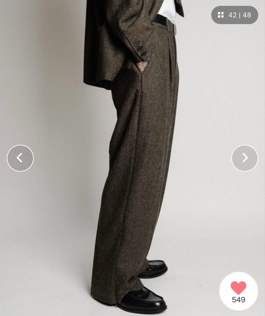 【美品】Subciety ヘリンボーンサイドジップワイドスラックス M ブラウン