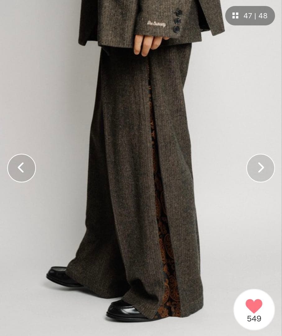 【美品】Subciety ヘリンボーンサイドジップワイドスラックス M ブラウン