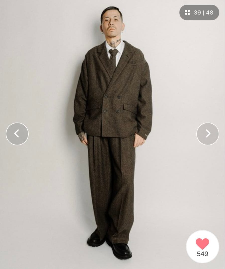 【美品】Subciety ヘリンボーンサイドジップワイドスラックス M ブラウン