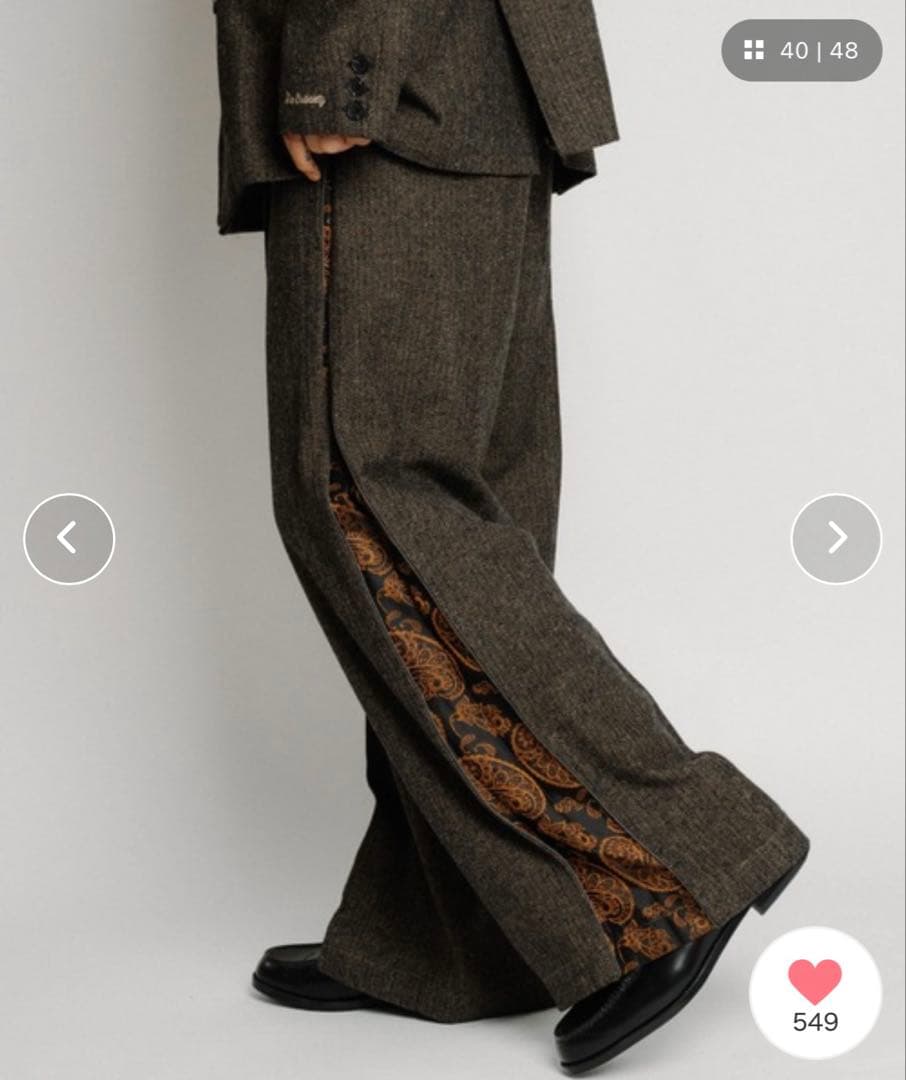 【美品】Subciety ヘリンボーンサイドジップワイドスラックス M ブラウン