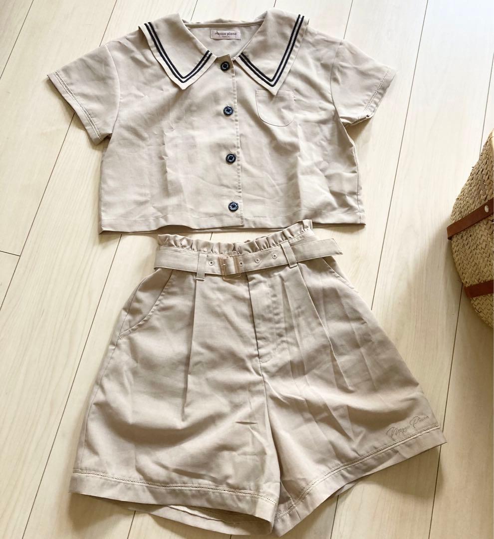 未使用　メゾピアノ　セットアップ　160cm セーラー半袖シャツ ショートパンツ