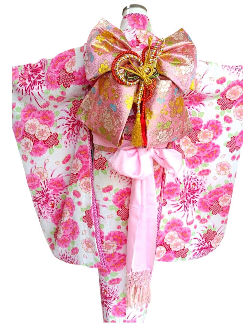 JAPANSTYLE白地にピンクの花模様☆七五三着物帯フルセット