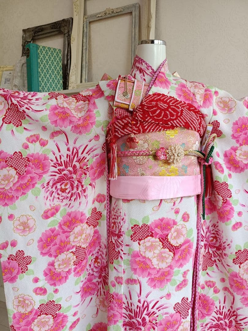 JAPANSTYLE白地にピンクの花模様☆七五三着物帯フルセット