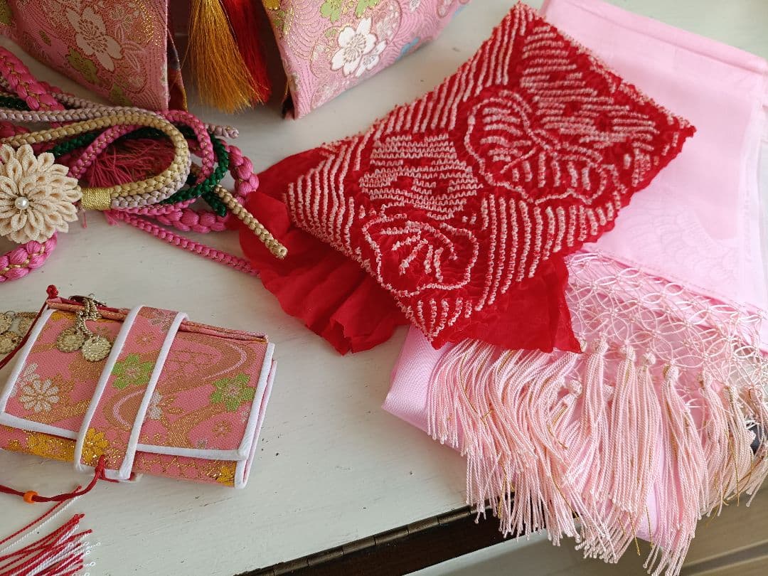 JAPANSTYLE白地にピンクの花模様☆七五三着物帯フルセット