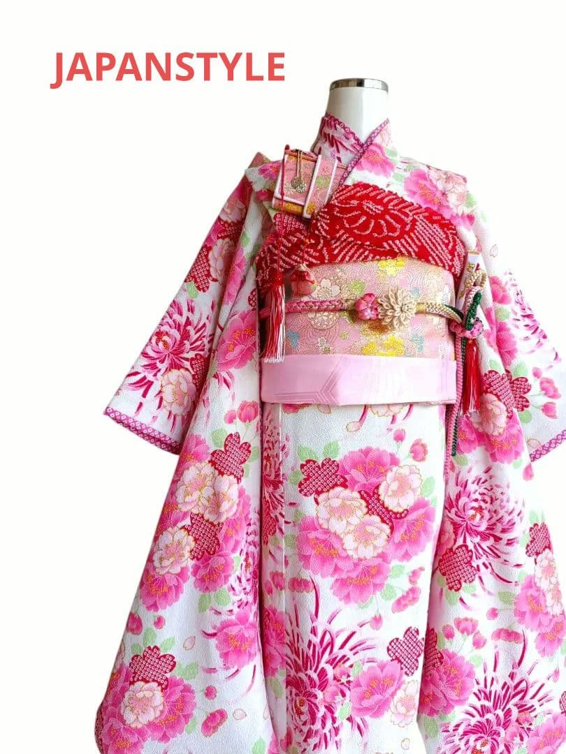 JAPANSTYLE白地にピンクの花模様☆七五三着物帯フルセット