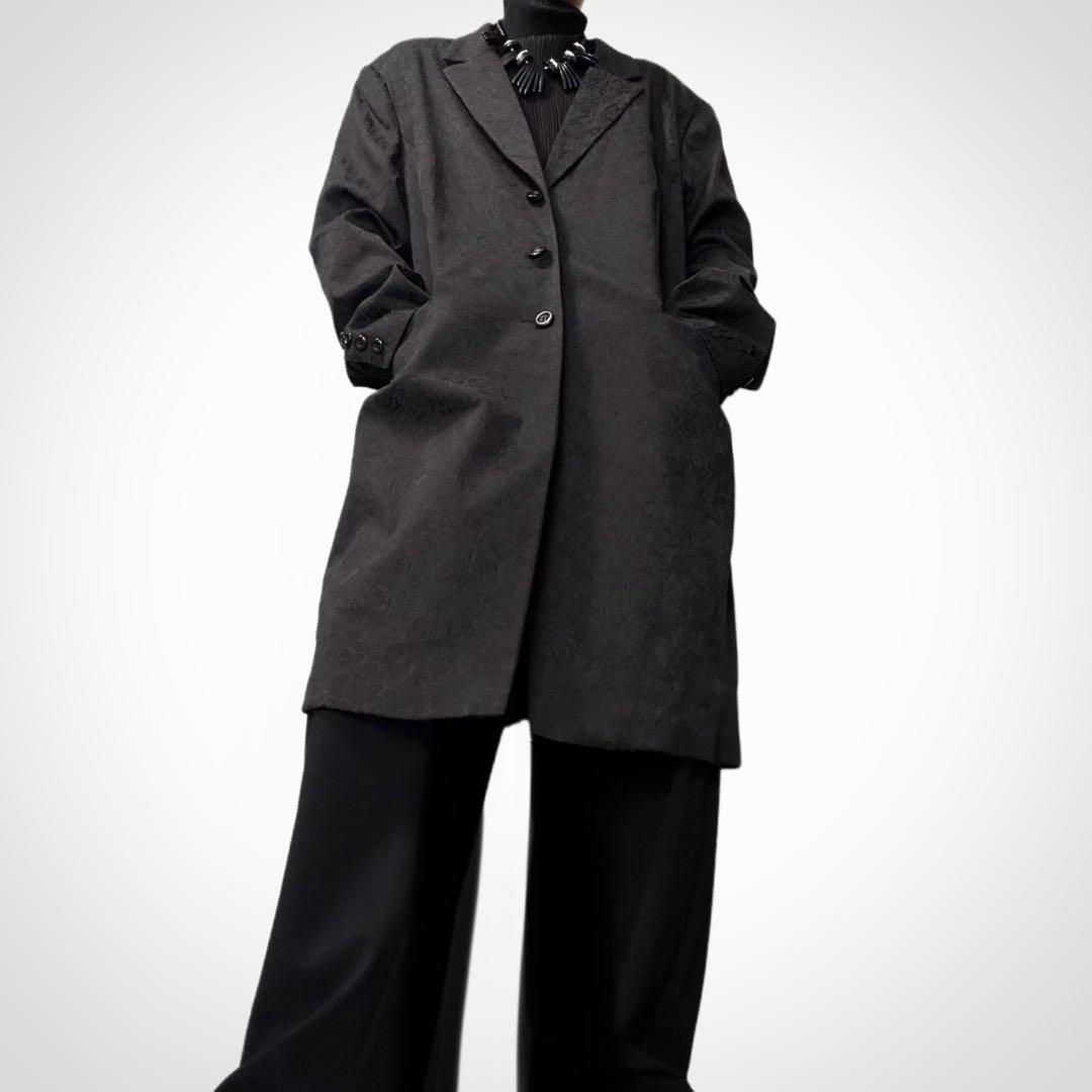 ヴィンテージ ジャカード テーラード チェスターコート ブラック 黒 総柄 XL