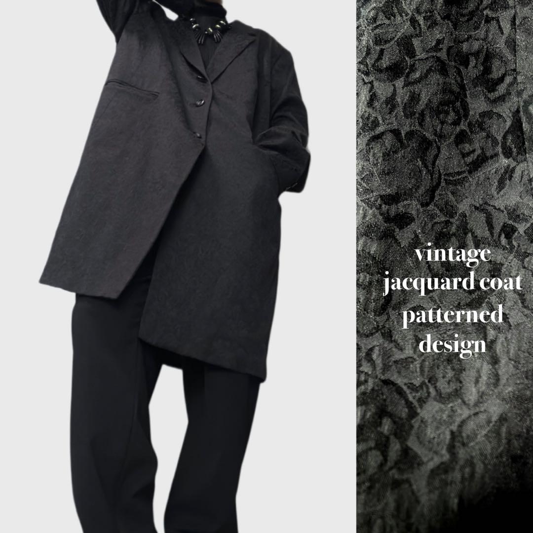 ヴィンテージ ジャカード テーラード チェスターコート ブラック 黒 総柄 XL