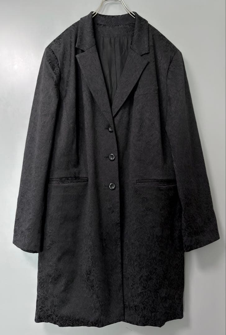 ヴィンテージ ジャカード テーラード チェスターコート ブラック 黒 総柄 XL