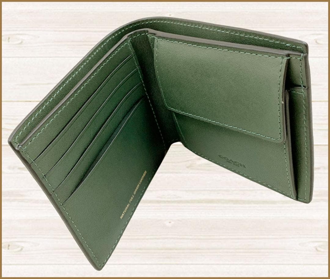 【新品】コーチナチュラルグレインレザー皮革ウォレット二つ折り財布緑F