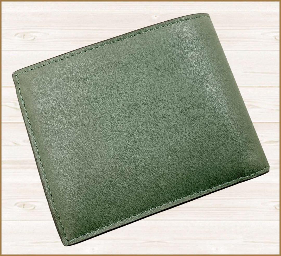 【新品】コーチナチュラルグレインレザー皮革ウォレット二つ折り財布緑F
