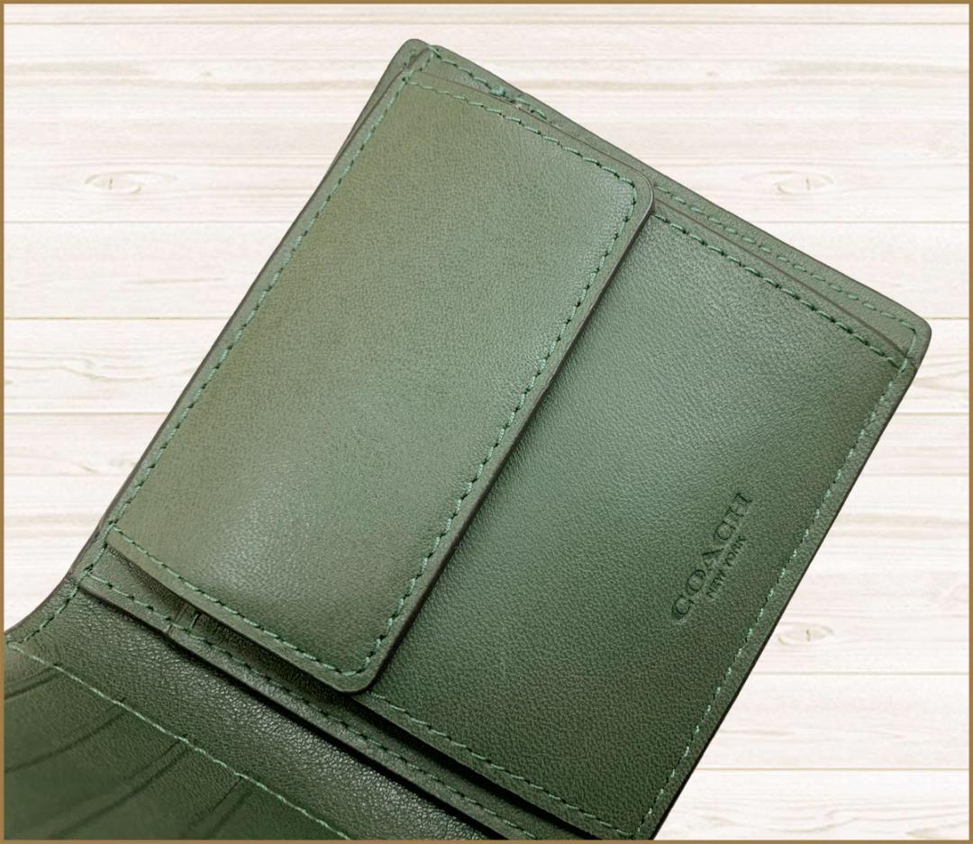 【新品】コーチナチュラルグレインレザー皮革ウォレット二つ折り財布緑F