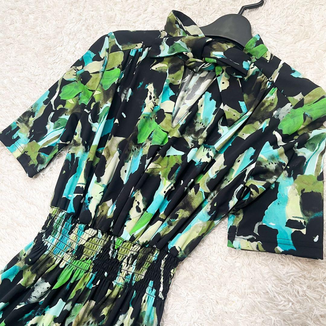 CORCOVADO ボウタイロングワンピース 総柄 グリーン シャーリング